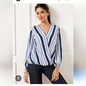 Talbots Blue and White Asymmetrical Long Sleeve Blouse  W002